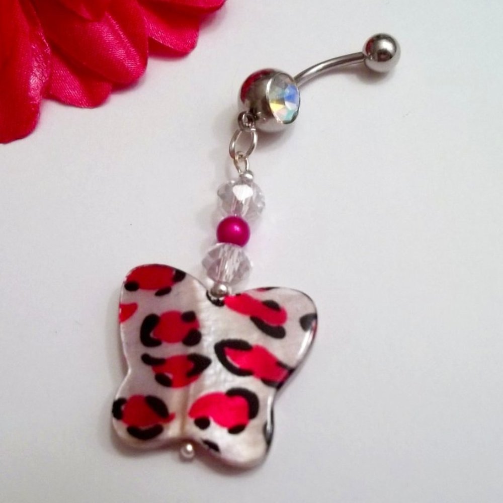 *5/35*  Butterfly Shell Bead AB Belly Ring  14G
